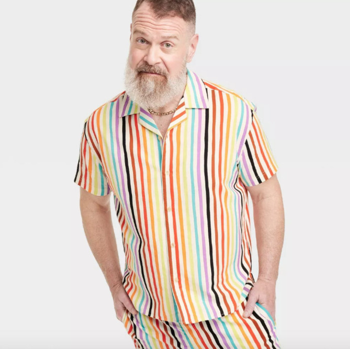 striped rainbow woven button down