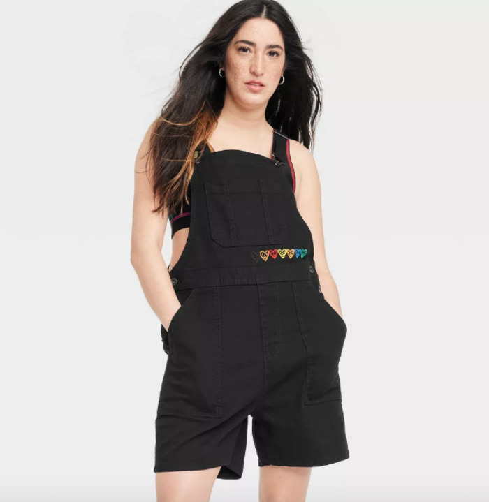 black shortalls with rainbow hearts on waistline